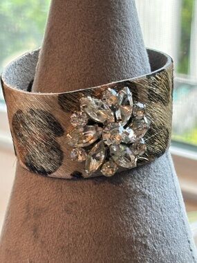 Leopard Print cowhide bracelet with vintage repurposed rhinestone brooch!